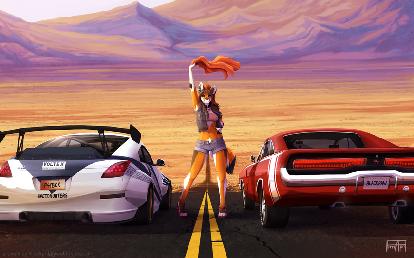 2017 anthro barefoot breasts canine car clothed clothing denim_shorts desert detailed_background digital_media_(artwork) digitigrade dodge_(disambiguation) dodge_charger electronic_arts female fox fur holding_object mammal midriff need_for_speed nissan nissan_350z orange_fur pidgeon_toed race shorts solo speedhunters standing vehicle voltex watermark waving wolfirry