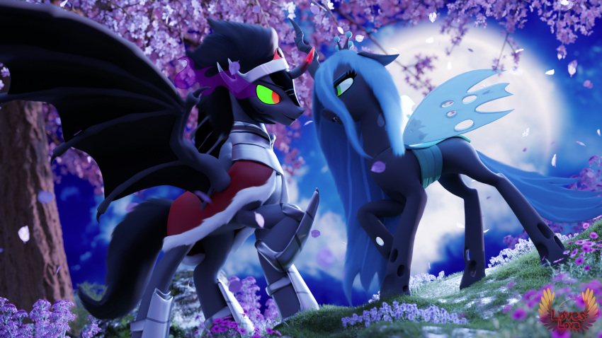 absurd_res alternate_species black_hair cherry_blossom cherry_blossom_tree cherry_tree duo equid equine falling_leaves female friendship_is_magic fruit_tree full_moon green_hair green_sclera hair hasbro hi_res horn insect_wings king_sombra_(mlp) loveslove male mammal membrane_(anatomy) membranous_wings moon my_little_pony night plant queen_chrysalis_(mlp) red_eyes shorn tree winged_unicorn wings
