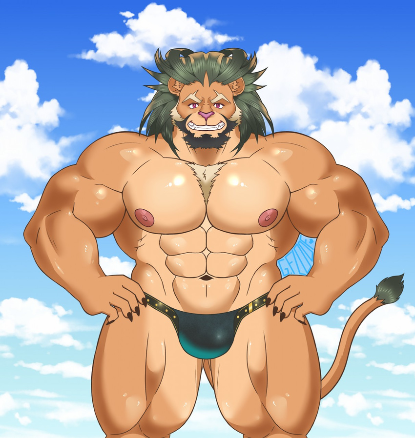 2017 abs anthro arslan biceps bikini clothed clothing facial_hair feline grumpyfloof hair huge_muscles lion looking_at_viewer male mammal muscular nipples pecs signature smile solo swimsuit tokyo_afterschool_summoners