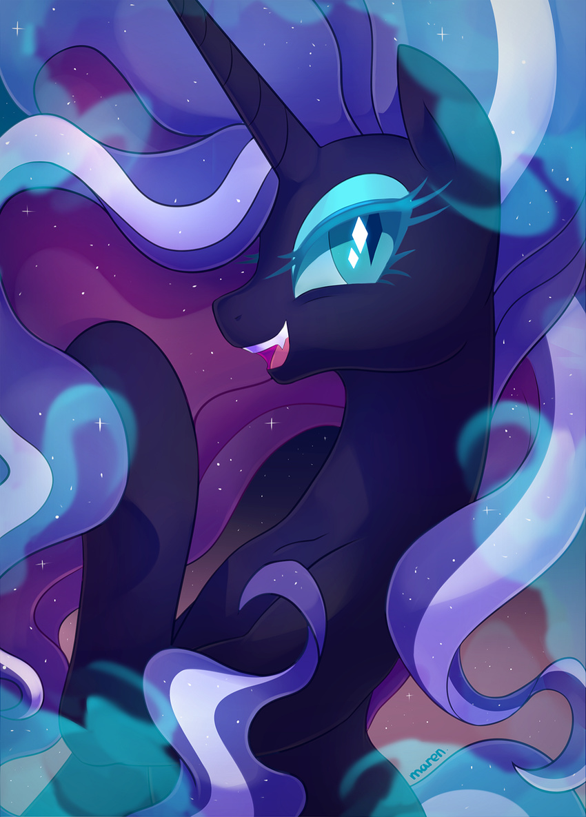 2017 equine fangs female feral hair hi_res hooves horn long_hair looking_at_viewer mammal marenlicious multicolored_hair my_little_pony nightmare_rarity_(idw) open_mouth slit_pupils solo sparkles two_tone_hair unicorn