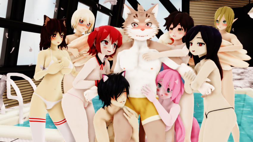 &lt;3 &lt;3_eyes 2018 3d_(artwork) animal_humanoid anthro big_breasts blonde_hair blush breasts brown_hair cat cat_humanoid digital_media_(artwork) dog_humanoid elf feathered_wings feathers feline female group hair human humanoid kemono male malicekira mammal mind_control mostly_nude nipples nude open_mouth pink_hair red_hair sitri surrounded tokyo_afterschool_summoners wings