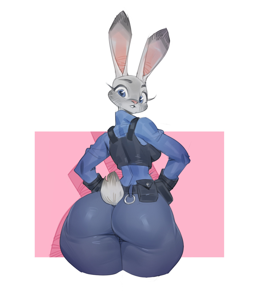 2017 abstract_background anthro big_butt blue_clothing blue_eyes blue_topwear bulletproof_vest butt clothed clothing digital_media_(artwork) disney eyebrows female fur grey_bottomwear grey_clothing grey_eyebrows grey_fur grey_pants grey_tail hands_on_hips hi_res inputwo judy_hopps lagomorph long_ears looking_at_viewer looking_back mammal pants pink_nose police police_uniform portrait rabbit rear_view short_tail small_tail solo standing three-quarter_portrait uniform wide_hips zootopia