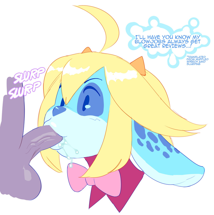 2017 ahoge anthro balls blonde_hair blush bow_tie dialogue duo english_text erection faceless_male fellatio female hair hi_res horn kix_(irootie) male male/female mammal noill oral penis sex simple_background speech_bubble text toony white_background