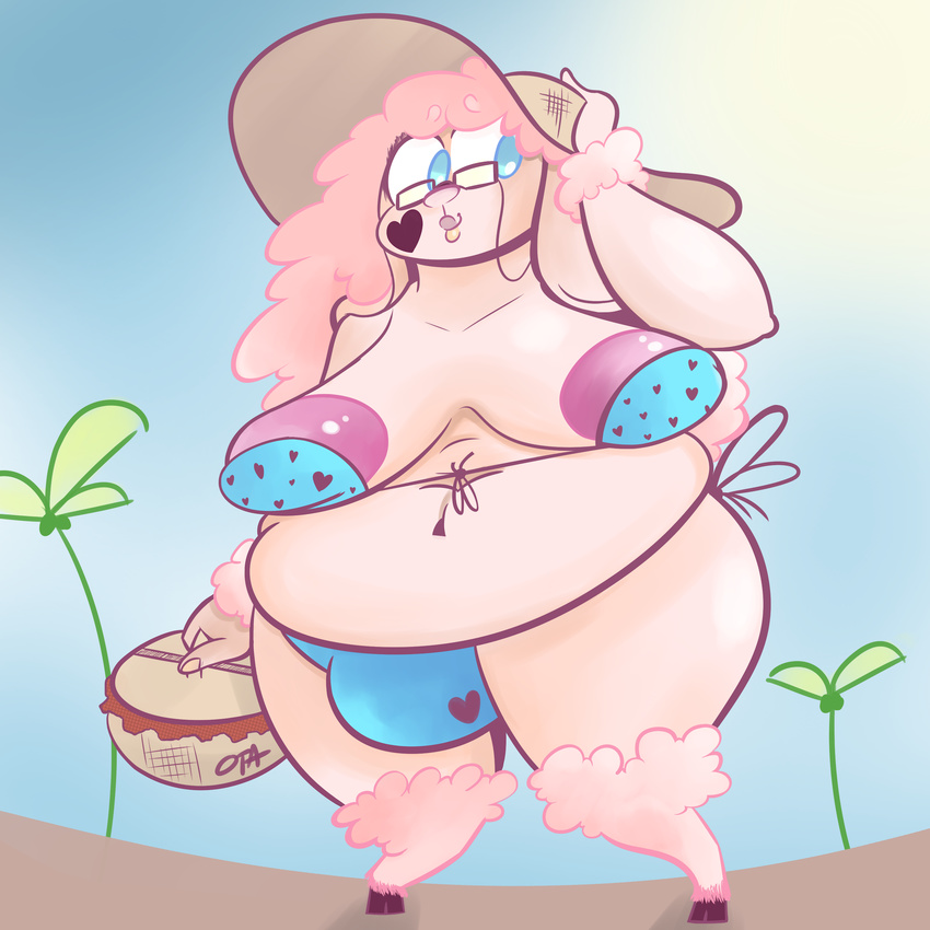 beach belly big_nipples bikini blue_eyes breasts bulge caprine clothing cookie_dough_(oc) deep_navel dickgirl eyewear glasses hat hi_res intersex lips mammal navel nipples ota_(artist) overweight sagging_breasts seaside sheep solo straw_hat swimsuit wool