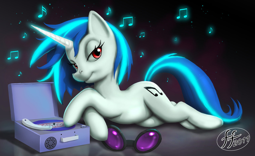 2011 dj equine eyewear female feral fernando_faria friendship_is_magic glasses horn horse looking_at_viewer lying magic mammal music musical_note my_little_pony nude on_side pony record_player smile solo unicorn vinyl_scratch_(mlp)