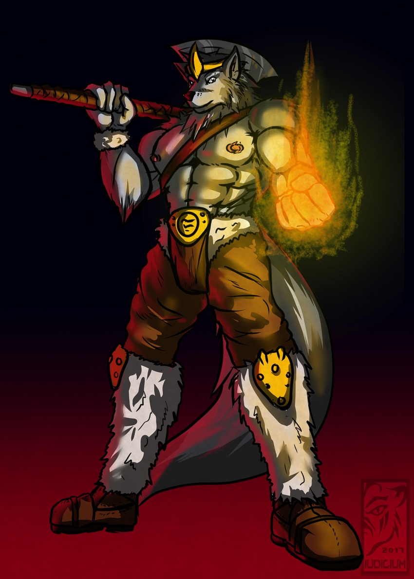 2017 abs axe barbarian canine fantasy fire iudicium86 magic male mammal melee_weapon muscular nipples pecs smaller_version_at_source solo warrior weapon wolf