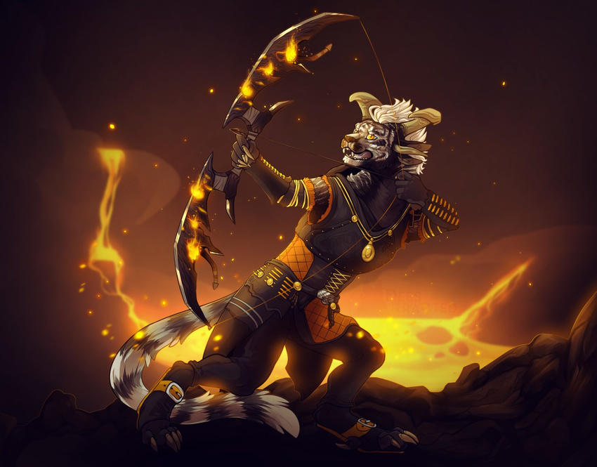 5_fingers action_pose armor arrow black_fur bow brown_nose charr claws clothed clothing deestracted_(artist) fangs feline female fire flat_chested fluffy fluffy_tail fur guild_wars hair hi_res holding_object holding_weapon horn jewelry mammal mane melee_weapon necklace night simple_background solo video_games weapon white_hair yellow_eyes