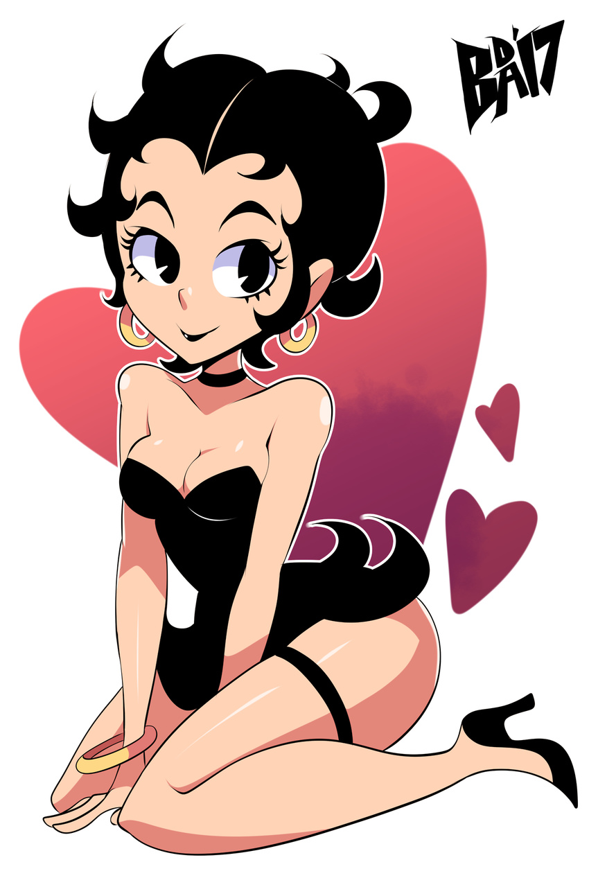 1girl bare_shoulders betty_boop betty_boop_(character) bigdead93 black_hair black_lipstick bracelet breasts cleavage dress earrings garters high_heels hoop_earrings jewelry short_hair