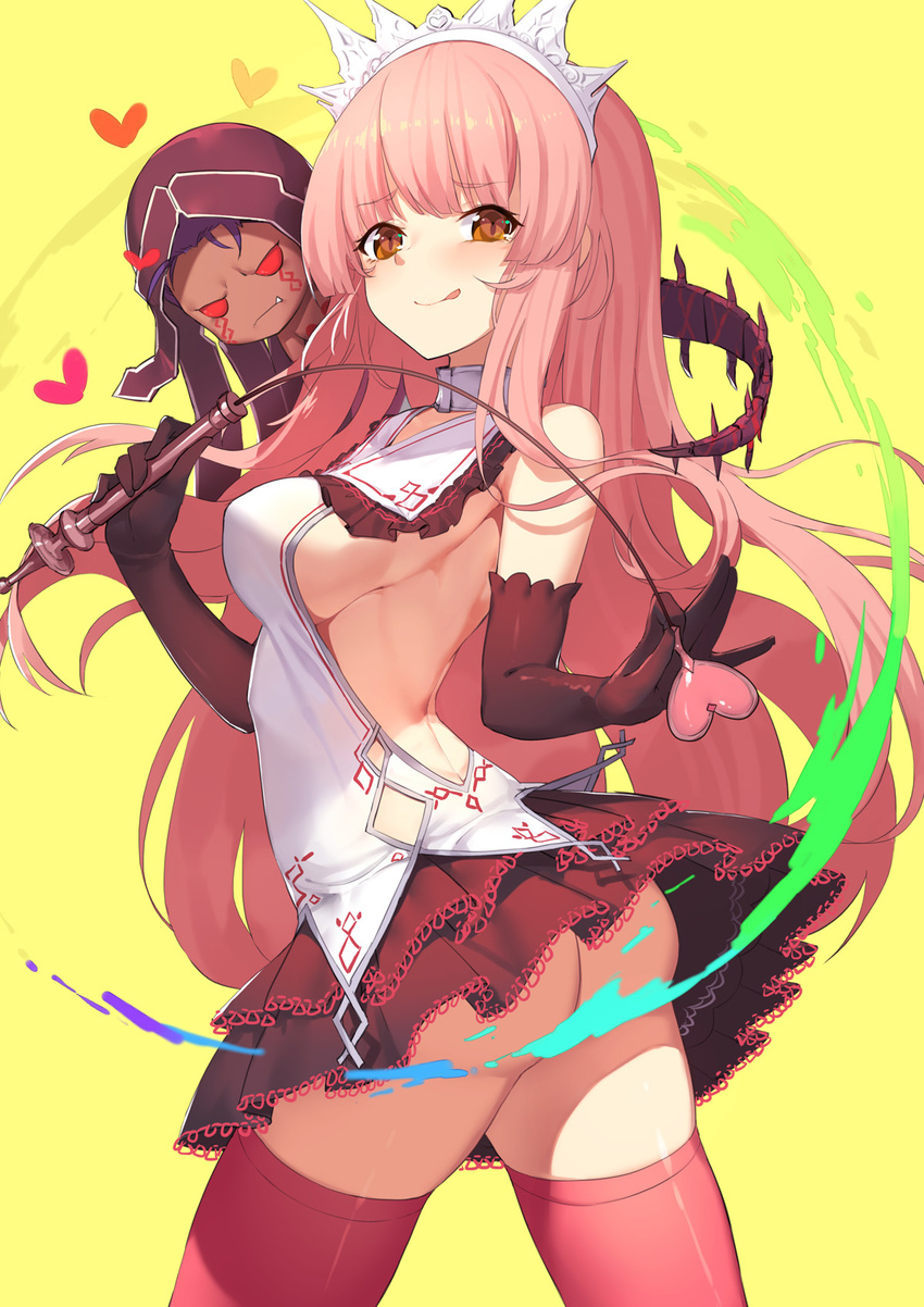 1girl :q armpit_peek ass backless_outfit bangs bare_shoulders black_gloves blush breasts brown_eyes commentary_request cowboy_shot cu_chulainn_alter_(fate/grand_order) elbow_gloves fate/grand_order fate_(series) gloves heart highres lancer long_hair looking_at_viewer medb_(fate)_(all) medb_(fate/grand_order) medium_breasts mini_cu-chan no_panties pink_hair pink_legwear red_skirt riding_crop sh_(562835932) sideboob sidelocks skirt thighhighs tongue tongue_out very_long_hair