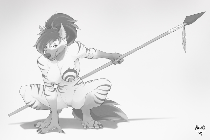 2017 4_toes anthro big_breasts breasts claws crouching digitigrade ear_piercing female front_view full-length_portrait hair hi_res holding_object holding_weapon hyena looking_at_viewer mammal markings melee_weapon navel nawka nipples nude paws piercing polearm portrait pussy simple_background solo spear striped_hyena toe_claws toes tribal weapon