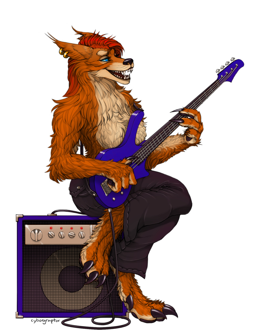 amp anthro breasts canine claws clothed clothing cyborgraptor digital_drawing_(artwork) digital_media_(artwork) ear_piercing female guitar hair holding_musical_instrument holding_object jewelry mammal musical_instrument musician open_mouth pawpads piercing playing_guitar playing_music simple_background sitting smile solo teeth toe_claws tongue topless video_games warcraft were werewolf wolf worgen