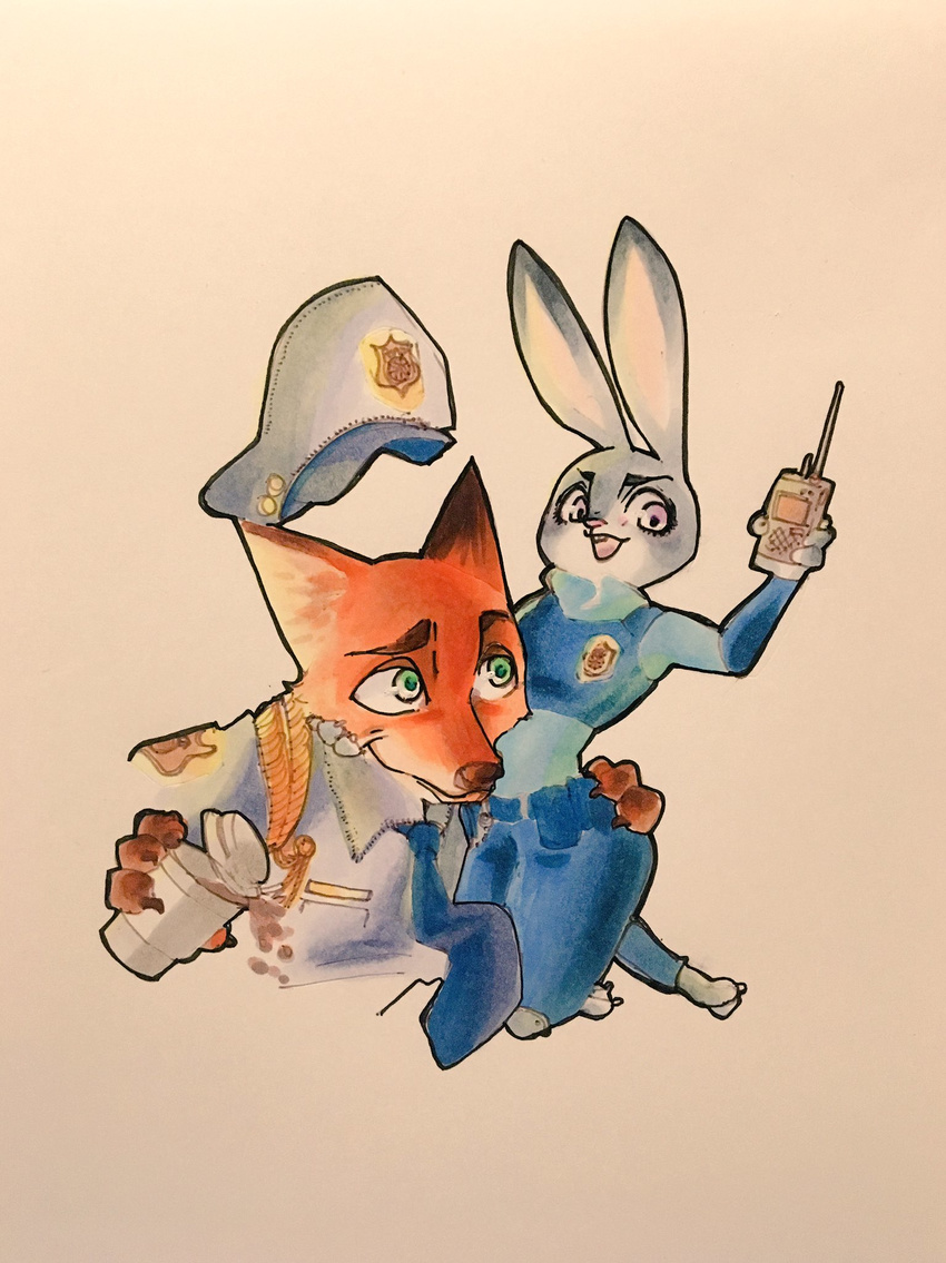 2017 anthro canine clothing disney duo female fox fur judy_hopps lagomorph male mammal nick_wilde police_uniform rabbit uniform ys_kzoo zootopia