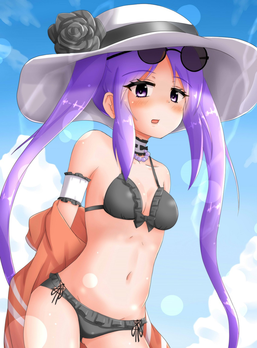 alternate_costume bikini black_bikini black_flower black_ribbon blue_sky blush breasts choker cloud cowboy_shot day eyewear_on_head fate/hollow_ataraxia fate_(series) flower frozenpile hair_ribbon hat hat_flower highres long_hair looking_at_viewer navel open_mouth purple_eyes purple_hair ribbon sky small_breasts solo stheno string sunglasses sunlight swimsuit twintails white_hat