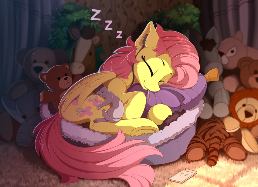 2017 ambiguous_gender cat cutie_mark duo equine eyes_closed feline feral fluttershy_(mlp) friendship_is_magic hair hi_res hooves inside lying mammal my_little_pony pegasus pink_hair sleeping smile sound_effects teddy_bear wings yakovlev-vad zzz