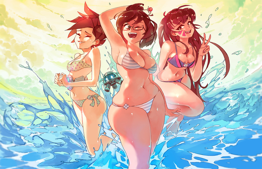 3girls beach bikini breasts brown_hair chubby hana_song multiple_girls navel overwatch rtil smile thick_thighs tracer