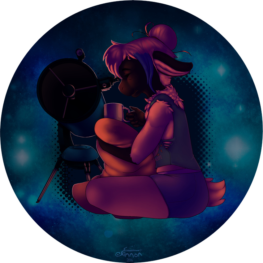 alpha_channel beverage cannoncrasher caprine clothing cup female fluffy hair hair_bun mammal night pillow sheep shelby shirt shorts simple_background sitting solo space star tank_top telescope transparent_background