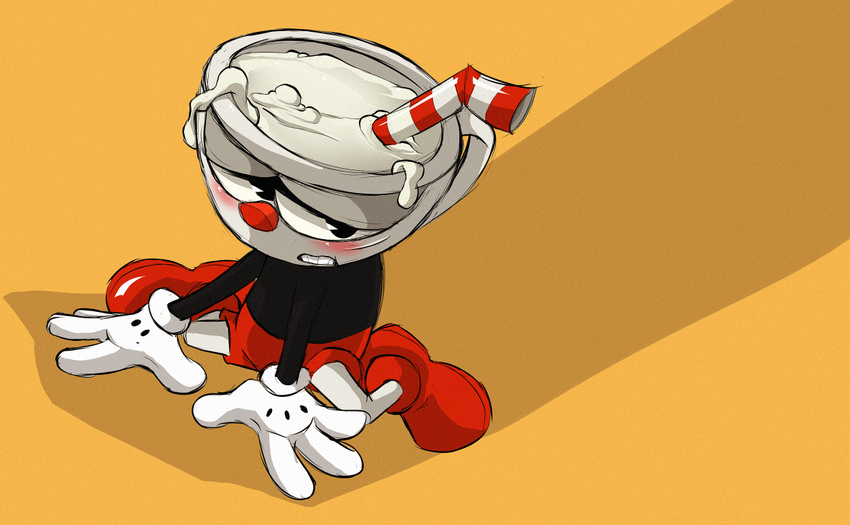 animate_inanimate black_eyes blush clothed clothing cup cuphead_(character) cuphead_(game) cute footwear gloves half-closed_eyes humanoid looking_away male not_furry object_head piromane shoes shorts simple_background sitting solo spread_legs spreading teeth topless video_games yellow_background