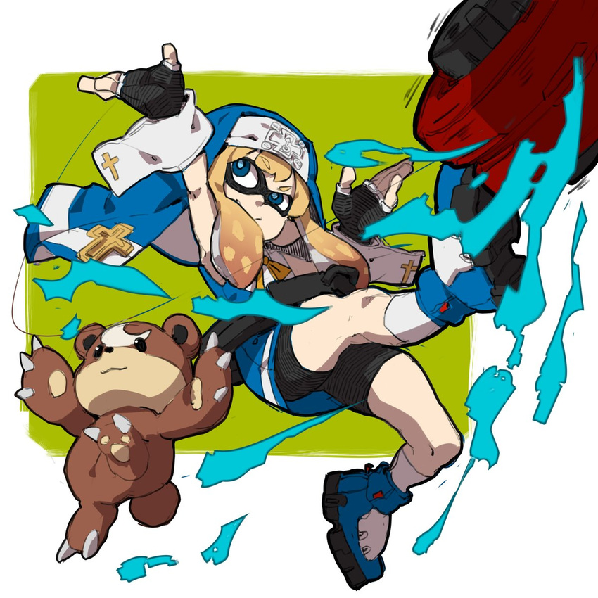 bear bike_shorts blonde_hair blue_eyes bridget_(guilty_gear) bridget_(guilty_gear)_(cosplay) company_connection cosplay crossover fingerless_gloves full_body gen_2_pokemon gloves guilty_gear habit highres makai male_focus nun otoko_no_ko pokemon solo splatoon_(series) string teddiursa tentacle_hair weapon yo-yo