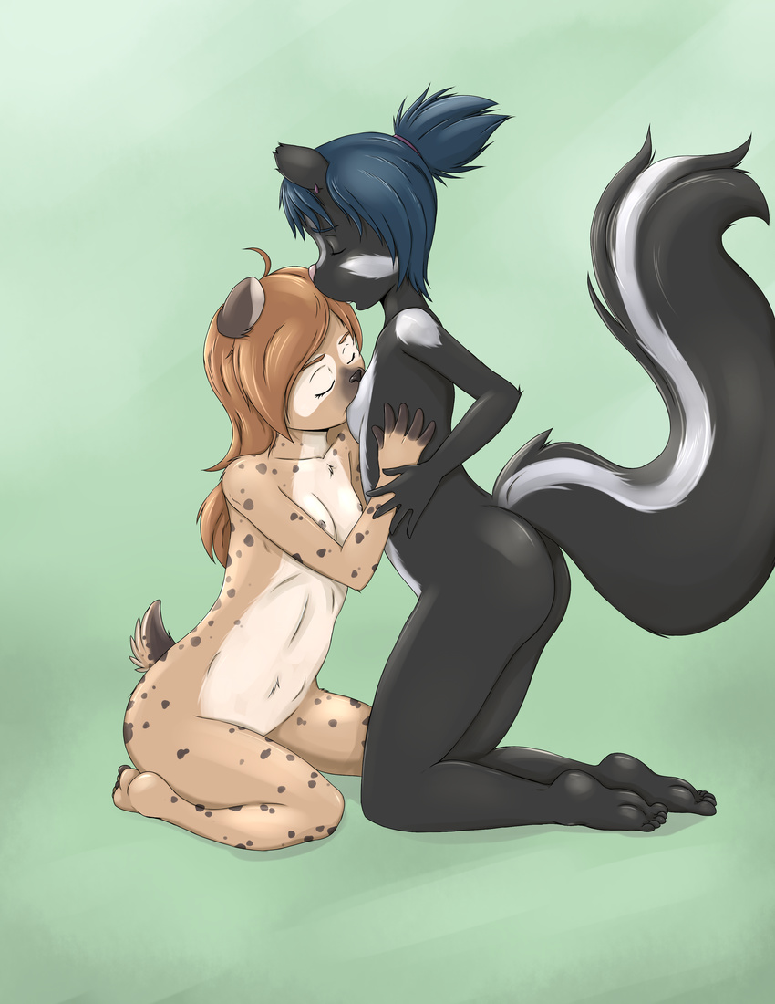 2017 anthro black_fur black_nose breasts brown_fur brown_hair duo ear_piercing erect_nipples eyes_closed female female/female flat_chested fluffy fluffy_tail fur green_background green_hair hair hyena interspecies kneeling mammal nipple_bite nipples nude open_mouth piercing pink_nose risingdragon simple_background skunk spots spotted_fur tasmin_(natani) veronica_(natani) young