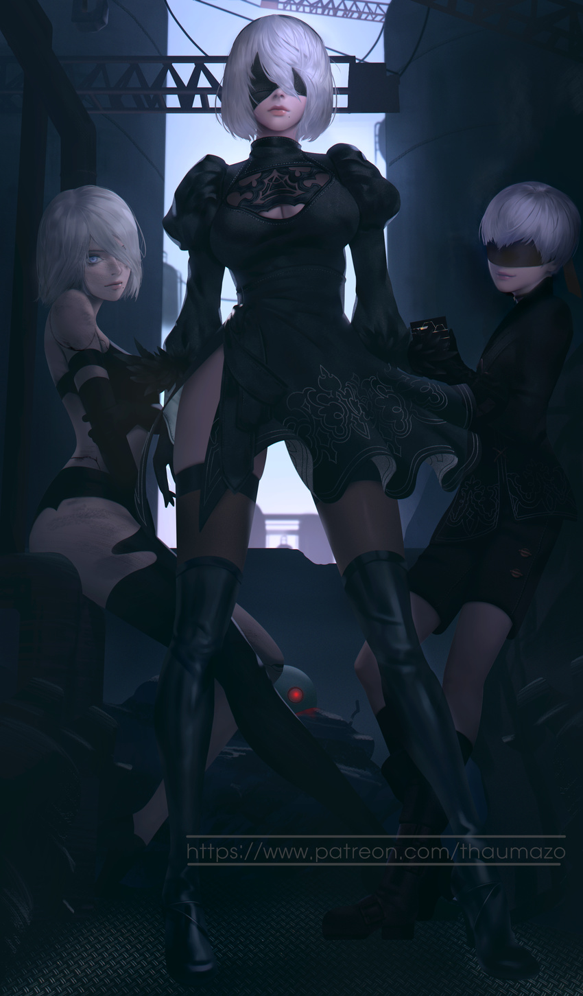 2girls absurdres bad_id bad_pixiv_id black_clothes black_dress black_legwear blindfold blue_eyes breasts cleavage cleavage_cutout dirty dress elbow_gloves feather-trimmed_sleeves gloves hair_over_one_eye highres looking_at_viewer medium_breasts mole mole_under_mouth multiple_girls nier_(series) nier_automata puffy_sleeves silver_hair sitting smile standing thaumazo thighhighs yorha_no._2_type_b yorha_no._9_type_s yorha_type_a_no._2