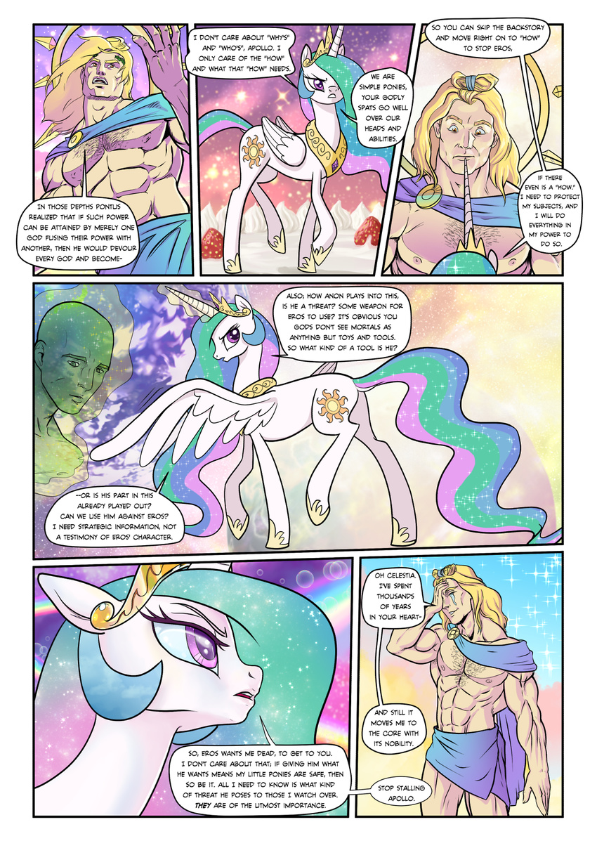 2017 anon apollo blonde_hair blood blue_eyes cake comic cutie_mark deity dialogue digital_media_(artwork) english_text equine eyes_closed feathered_wings feathers female feral food friendship_is_magic hair hi_res horn horse human magic male mammal multicolored_hair muscular muscular_male my_little_pony nude open_mouth pencils_(artist) pony pose princess_celestia_(mlp) purple_eyes star text tongue winged_unicorn wings