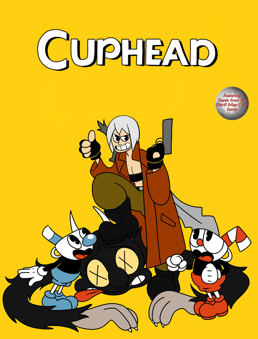animate_inanimate cr-toons crossover cuphead_(character) cuphead_(game) dante_(dmc) demon devil_may_cry english_text group gun hair horn human humanoid mammal mugman not_furry object_head ranged_weapon text the_devil_(cuphead) thumbs_up video_games weapon white_hair