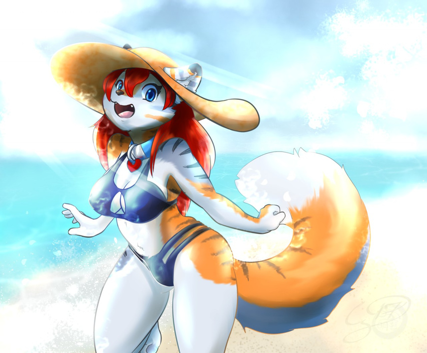 2017 beach bikini blue_eyes breasts cainethelongshot cleavage clothed clothing cloud collar feline female fluffy fur hair karen long_hair looking_at_viewer mammal markings navel open_mouth outside red_hair sand sea seaside simple_background sky smile solo standing stripes sun_hat swimsuit teeth tongue water