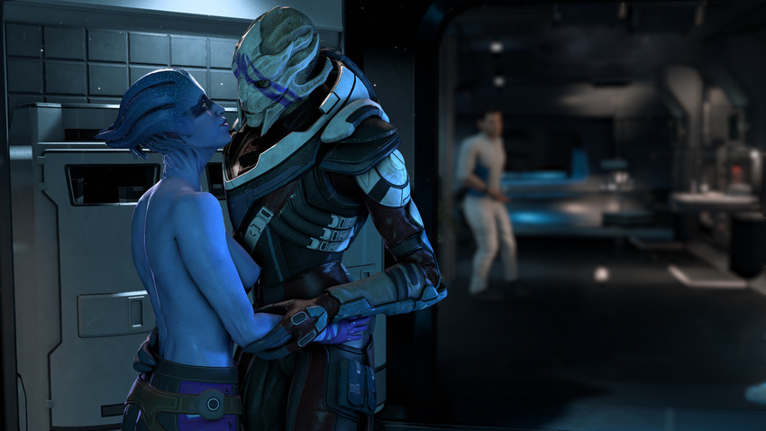 2017 3d_(artwork) alien anthro asari better_version_at_source breasts clothed clothing digital_media_(artwork) duo embrace eye_contact female female/female hand_on_hip humanoid interspecies mass_effect mass_effect_andromeda nipples partially_clothed peebee rooking scott_ryder smile source_filmmaker topless turian vetra_nyx video_games