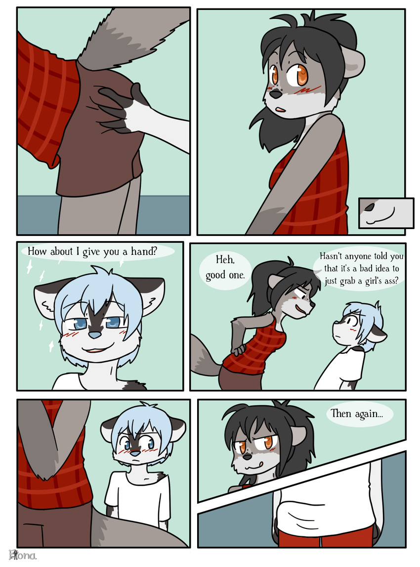 2016 anthro black_fur black_hair black_nose blue_eyes blue_hair blue_nose blush breasts bulge butt canine clothed clothing comic dialogue dimitri_(xelaaredn) dog english_text erection female fiona_(artist) fur grey_fur hair husky licking licking_lips looking_back male male/female mammal procyonid raccoon tawney text tongue tongue_out white_fur
