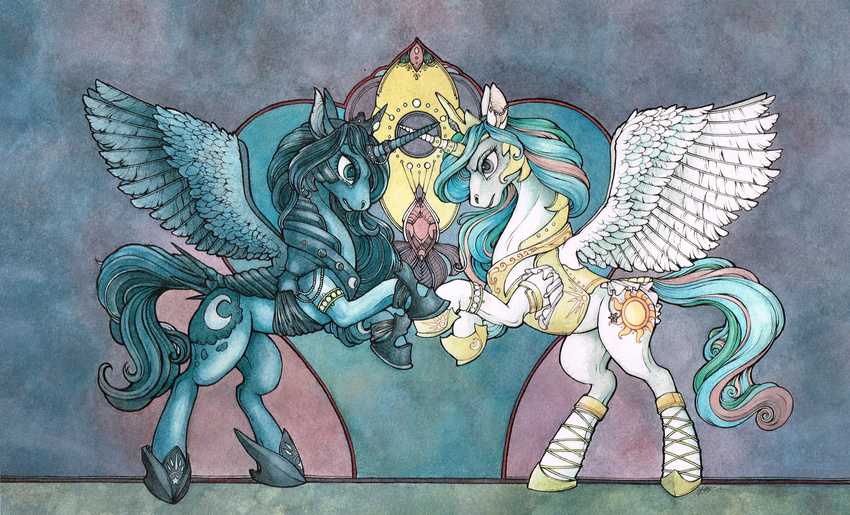 2013 armor blue_hair crown cutie_mark duo equine feathered_wings feathers female feral fillyphalanx friendship_is_magic hair hi_res horn mammal multicolored_hair my_little_pony on_hind_legs princess_celestia_(mlp) princess_luna_(mlp) royalty sibling sisters tiara traditional_media_(artwork) watercolor_(artwork) winged_unicorn wings