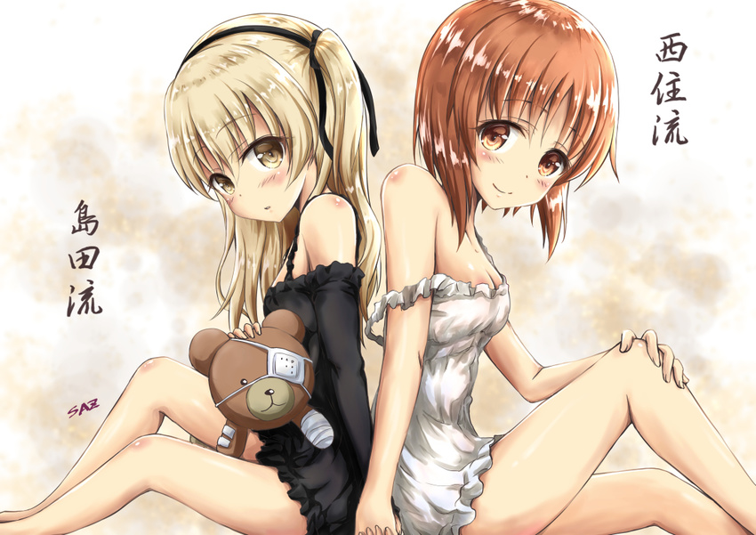 artist_name bangs black_ribbon boko_(girls_und_panzer) braid breasts brown_eyes brown_hair cast chemise cleavage closed_mouth commentary_request eyebrows_visible_through_hair eyepatch from_side girls_und_panzer hair_ribbon hand_on_leg holding holding_hands light_brown_eyes light_brown_hair lingerie long_hair looking_at_viewer medium_breasts multiple_girls nishizumi_miho off_shoulder parted_lips ribbon saz_(sazin764) shimada_arisu short_hair side_braid signature sitting smile translated underwear