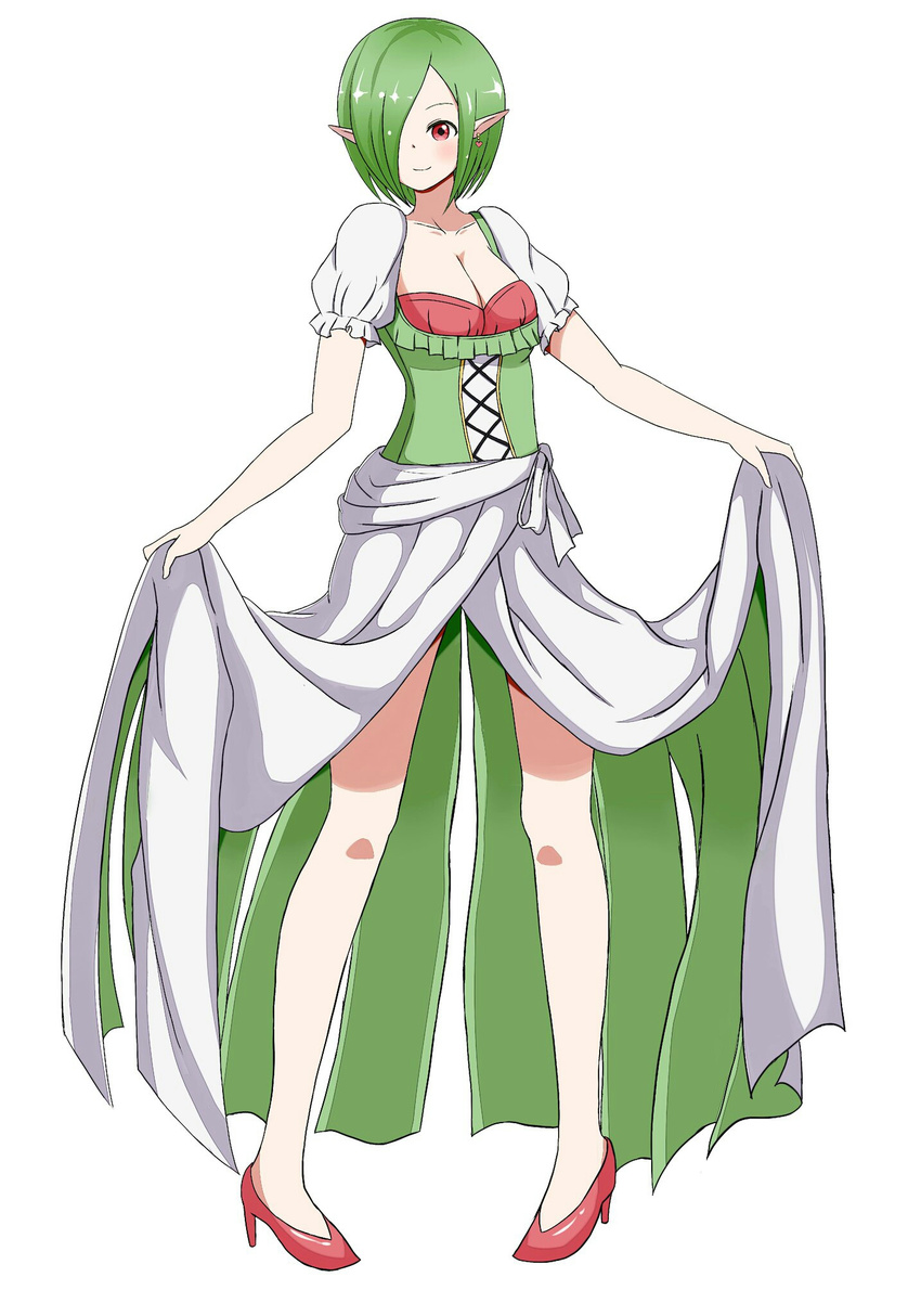 1girl artist_request blush bow breasts cleavage collarbone corset dress dress_lift earring full_body gardevoir green_hair hair_over_one_eye hands_up heart_earrings high_heels jpeg_artifacts legs_apart lifted_by_self medium_breasts personification pigeon-toed pointy_ears pokemon pokemon_rse red_eyes red_footwear shoes short_hair short_sleeves simple_background smile solo standing white_background white_bow white_dress