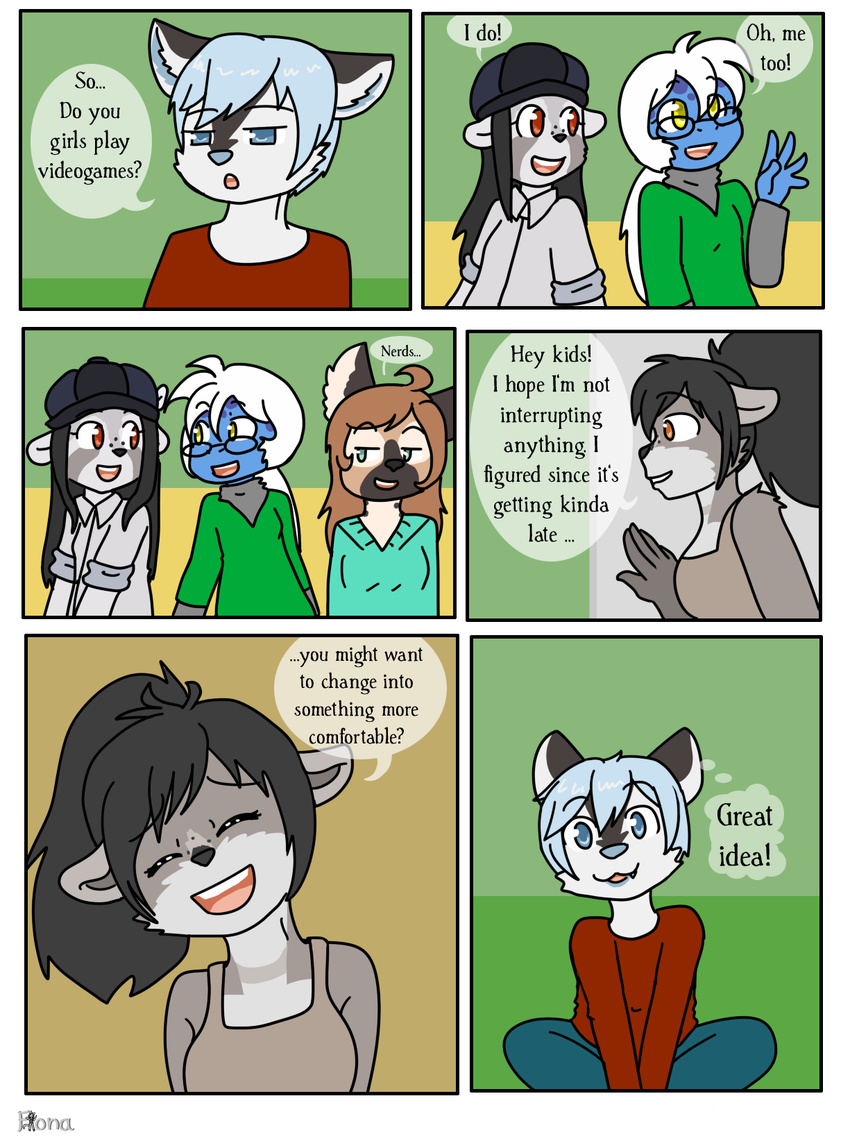 2016 amphibian anthro bell_collar black_hair blue_eyes blue_fur blue_hair blue_nose blue_skin breasts brown_fur brown_hair canine clothed clothing collar comic dialogue dimitri_(xelaaredn) dog english_text eyes_closed eyewear female fiona_(artist) frog fur glasses green_eyes hair hat husky hyena lorelei_(xelaaredn) male mammal penny_(natani) poison_dart_frog procyonid raccoon red_eyes tasmin_(natani) tawney text white_hair yellow_eyes young