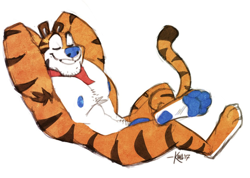 2017 anthro blue_nose clothing digital_media_(artwork) feline frosted_flakes fur kellogg's kihu lying male mammal mascot muscular nipples nude on_back pecs penis simple_background smile solo striped_fur stripes tiger tony_the_tiger white_fur
