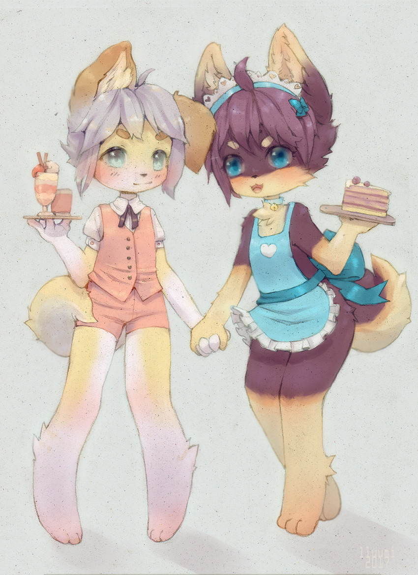 2017 anthro apron canine clothed clothing digital_media_(artwork) duo fur kemono lluumi male mammal matcha pudding