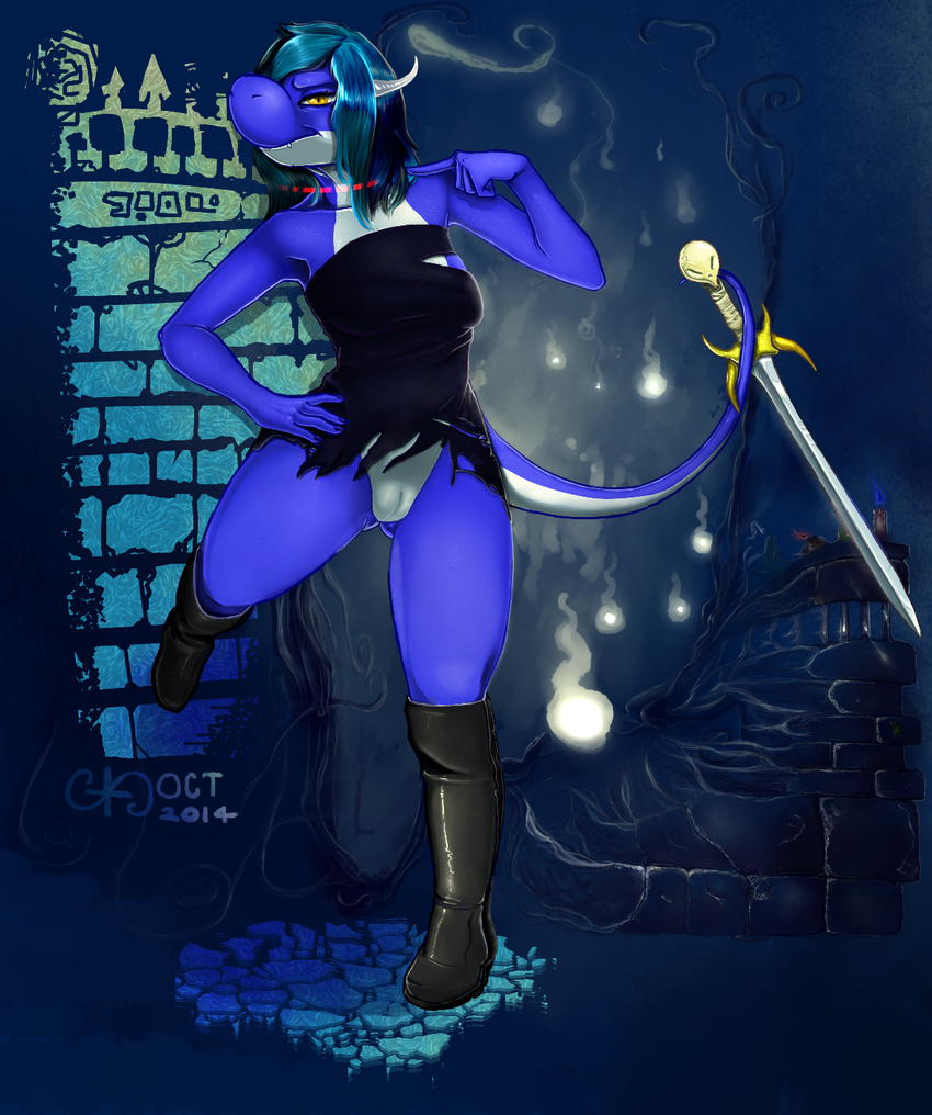 anthro blue_hair blue_yoshi boots bottomless candle cannoncrasher clothed clothing demon dress ectoplasm female footwear glowing hair hi_res hybrid ipe magic mario_bros melee_weapon nintendo portal pussy solo soul spirit sword tail_grab video_games weapon yellow_eyes yoshi