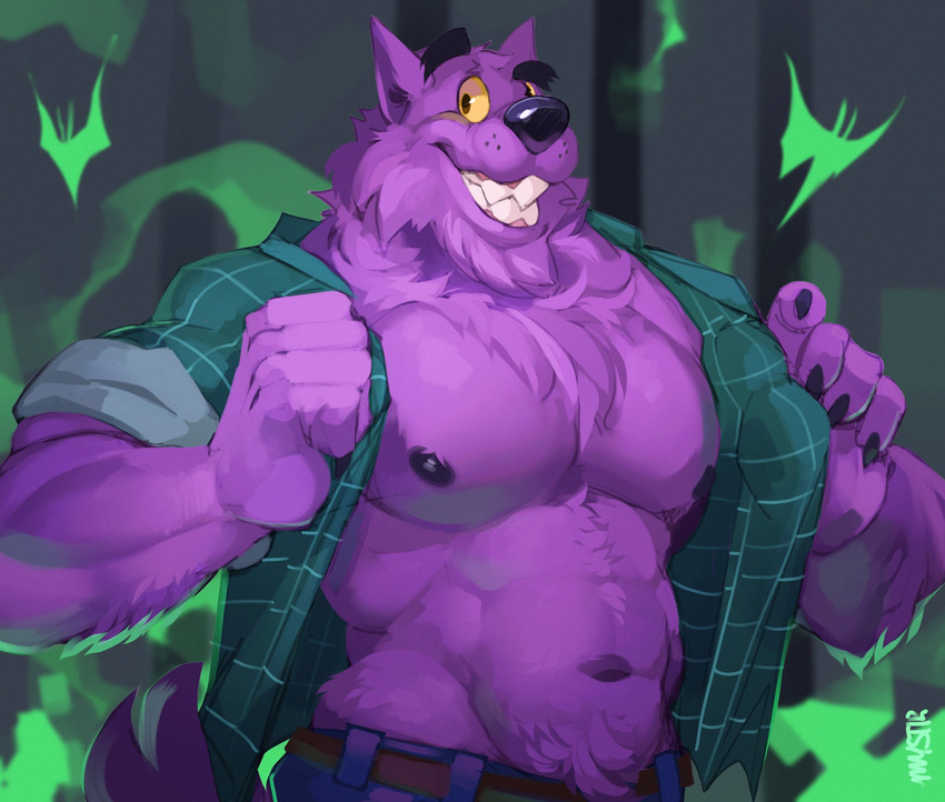 2017 abs anthro belt bernard_(ok_k.o.!_lbh) biceps big_muscles brown_eyes canine cartoon_network chest_tuft clenched_teeth clothed clothing digital_media_(artwork) fangs forest fur half-length_portrait hi_res male mammal muscular mystikfox61 navel nipples ok_k.o.!_let's_be_heroes open_shirt outside pants pecs portrait purple_fur purple_nipples shirt smile solo standing teeth tree tuft were werewolf wolf
