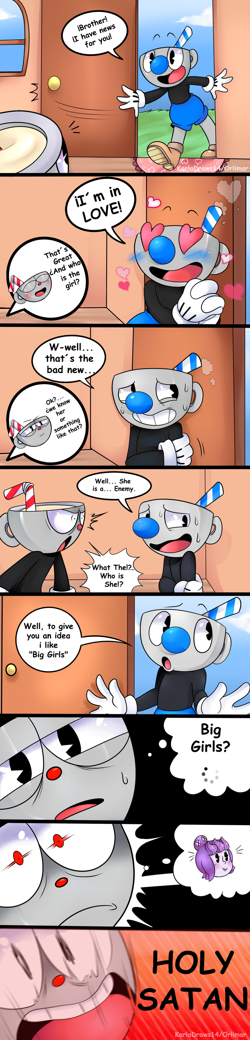 &lt;3 &lt;3_eyes absurd_res animate_inanimate blue_nose blush brothers cala_maria clothing comic cuphead_(character) cuphead_(game) dialogue door duo_focus english_text female gloves grin group hi_res humanoid karladraws14 male marine merfolk mugman not_furry object_head red_eyes red_nose sibling smile speech_bubble straw sweat tentacle_hair tentacles text