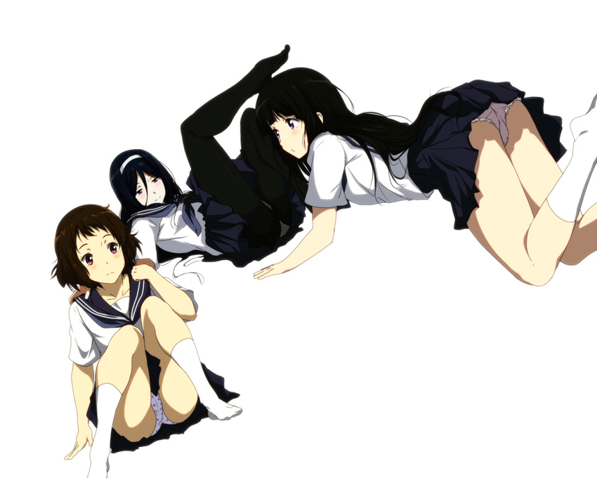 all_fours bangs black_hair black_legwear black_skirt blue_eyes blunt_bangs brown_hair chitanda_eru dutch_angle frilled_panties frills hair_between_eyes hairband highres hyouka ibara_mayaka irisu_fuyumi long_hair long_legs lying multiple_girls no_shoes panties panties_under_pantyhose pantyhose pantyshot pink_panties pleated_skirt polka_dot polka_dot_panties purple_eyes red_eyes sbel02 school_uniform serafuku short_hair short_sleeves simple_background sitting skirt socks squatting underwear white_background white_legwear white_panties