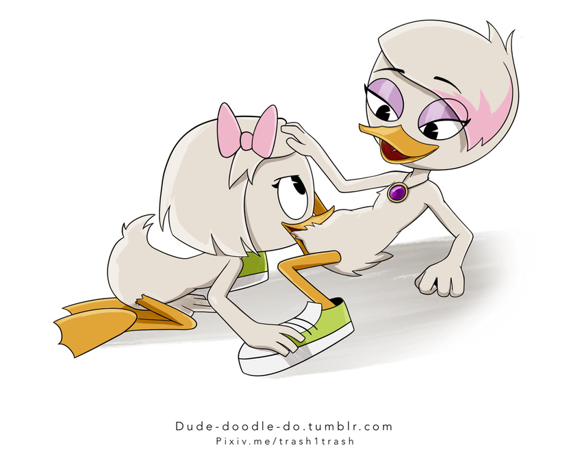 2017 all_fours anthro anthro_on_anthro avian bird clothing cunnilingus duck ducktales ducktales_(2017) dude-doodle-do duo female female/female footwear hair_bow hair_ribbon lena_(ducktales) looking_up mostly_nude nude oral pendant reclining ribbons sex shoes simple_background spread_legs spreading vaginal webby_vanderquack white_background young