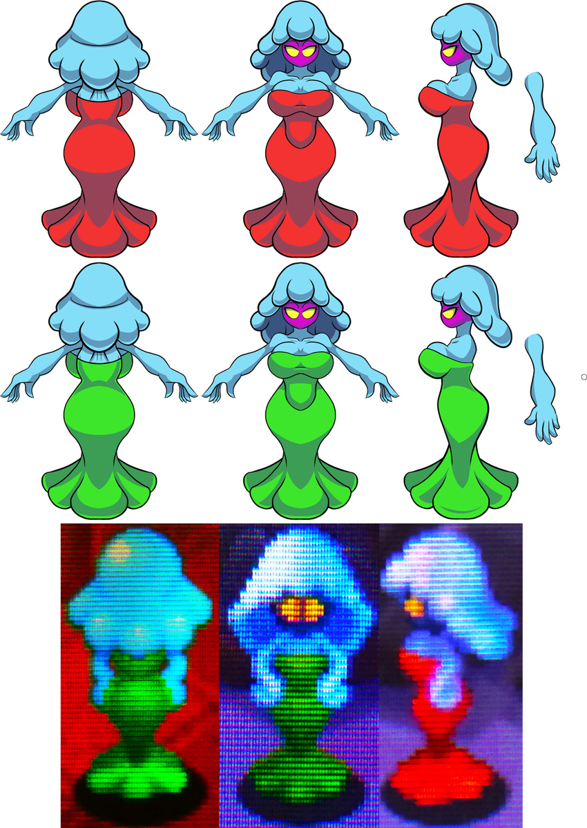 absurd_res big_hands blue_body blue_hair breasts cleavage clothed clothing dress duo female forbiddenknights2 game_(disambiguation) gigi_(mario) green_dress hair hi_res jelly jellyfish jellyfish_sisters marine mario_and_luigi_(series) mario_bros merri_(mario) nintendo purple_body red_dress sibling sisters slime sprites tight_dress turnaround video_games wide_hips yellow_eyes