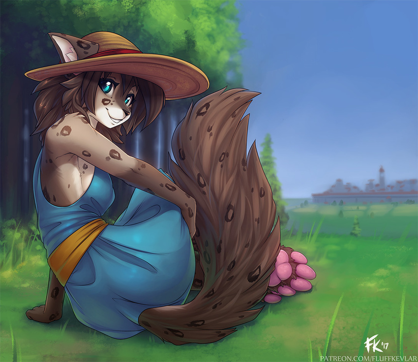 2017 anthro blue_eyes breasts brown_hair clothing dress female fluff-kevlar hair hat kathrin_(twokinds) keidran mammal outside sky solo twokinds