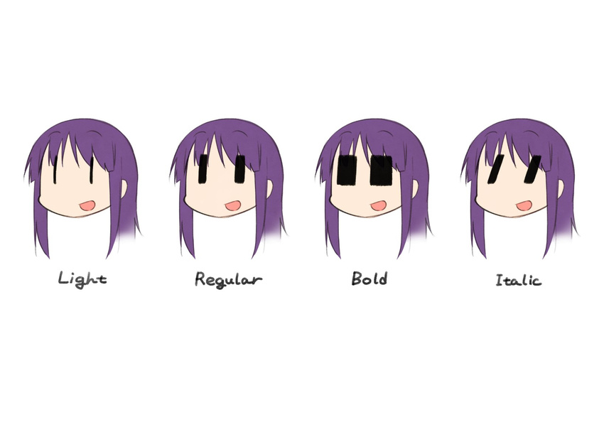 :d bangs comparison english eyebrows_visible_through_hair face highres hinata_yukari long_hair looking_at_viewer okayparium open_mouth purple_hair simple_background sketch smile white_background yuyushiki |_| ||_||