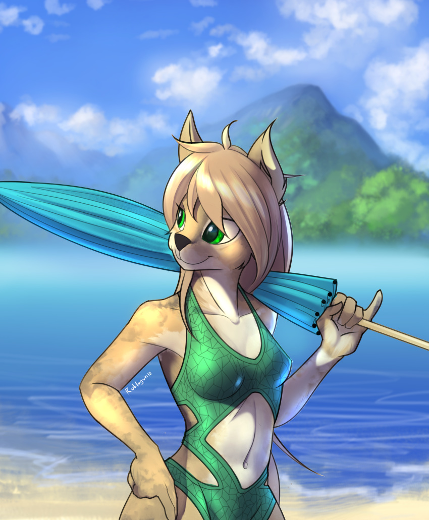 2019 5_fingers anthro breasts day detailed_background digital_media_(artwork) felid feline female fur green_eyes mammal navel outside rublegun sky smile solo standing tan_fur tan_hair