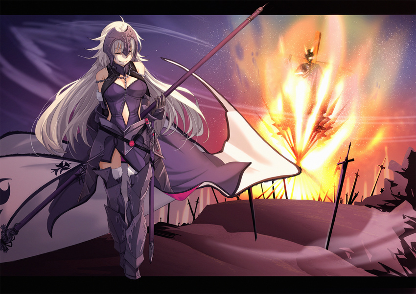 ahoge armor armored_boots bare_shoulders black_gloves boots breasts burning_at_the_stake chain closed_eyes closed_mouth commentary_request elbow_gloves fate/grand_order fate_(series) flag fu-ta gauntlets gloves greaves headpiece highres jeanne_d'arc_(alter)_(fate) jeanne_d'arc_(fate)_(all) long_hair medium_breasts planted_sword planted_weapon silver_hair smile solo sword thigh_boots thighhighs very_long_hair weapon