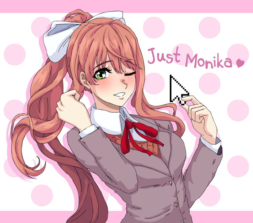 arms_up bow breasts brown_hair collared_shirt commentary cursor doki_doki_literature_club ears eyebrows_visible_through_hair green_eyes hair_bow highres leaning_back long_hair long_sleeves medium_breasts monika_(doki_doki_literature_club) one_eye_closed open_mouth picking_up pink_background polka_dot polka_dot_background ponytail school_uniform seityr shirt smile solo text_focus upper_body white_shirt