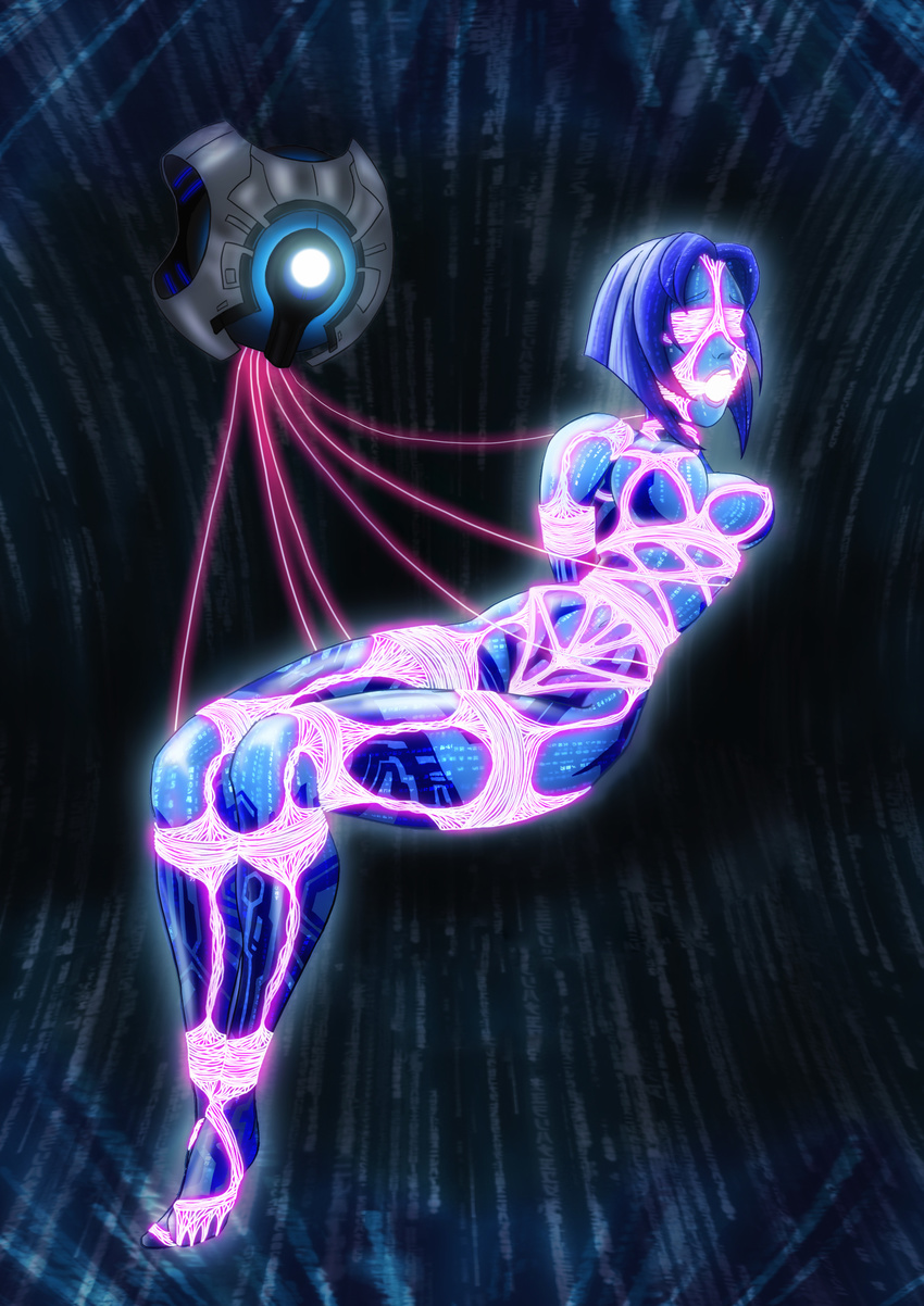 1girl 343_guilty_spark arms_behind_back ball_gag barefoot bdsm blindfold blue_hair bondage bound breasts cortana crotch_rope feet full_body gag halo_(game) harness hologram large_breasts nude short_hair
