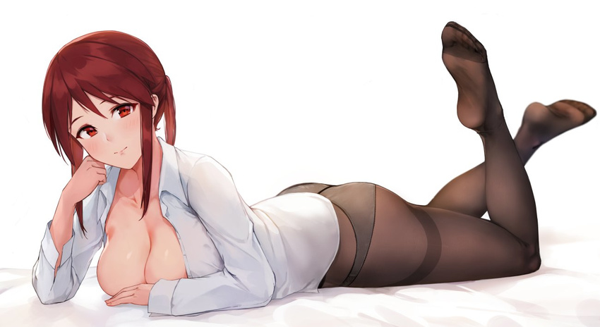 ass breast_rest breasts brown_legwear chin_rest cleavage closed_mouth crotch_seam deneb_(noble324) dress_shirt feet full_body hand_on_own_chin head_tilt idolmaster idolmaster_cinderella_girls large_breasts legs_up light_smile long_sleeves looking_at_viewer lying mifune_miyu no_pants no_shoes on_stomach open_clothes open_cuffs open_shirt panties panties_under_pantyhose pantyhose ponytail red_eyes red_hair shirt sidelocks simple_background soles solo the_pose thighband_pantyhose toes underwear