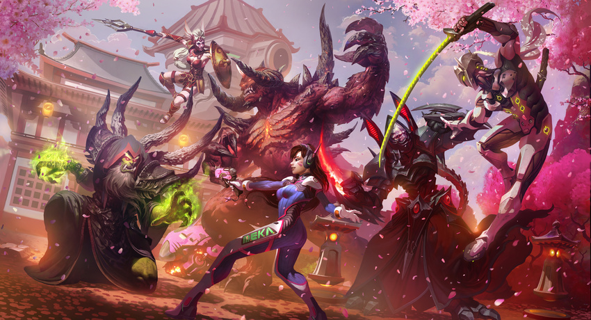 4boys absurdres alarak ass blizzard_(company) blue_bodysuit bodysuit breasts brown_hair cassia cherry_blossoms cloud cyborg d.va_(overwatch) demon diablo diablo_(character) dmitry_prozorov dutch_angle genji_(overwatch) gloves glowing glowing_eyes green_eyes green_skin gul'dan gun handgun heroes_of_the_storm highres horns katana long_hair multiple_boys multiple_girls official_art open_mouth overwatch parted_lips red_eyes red_skin ribbed_bodysuit sky small_breasts starcraft stone_lantern sword warcraft weapon whisker_markings white_gloves