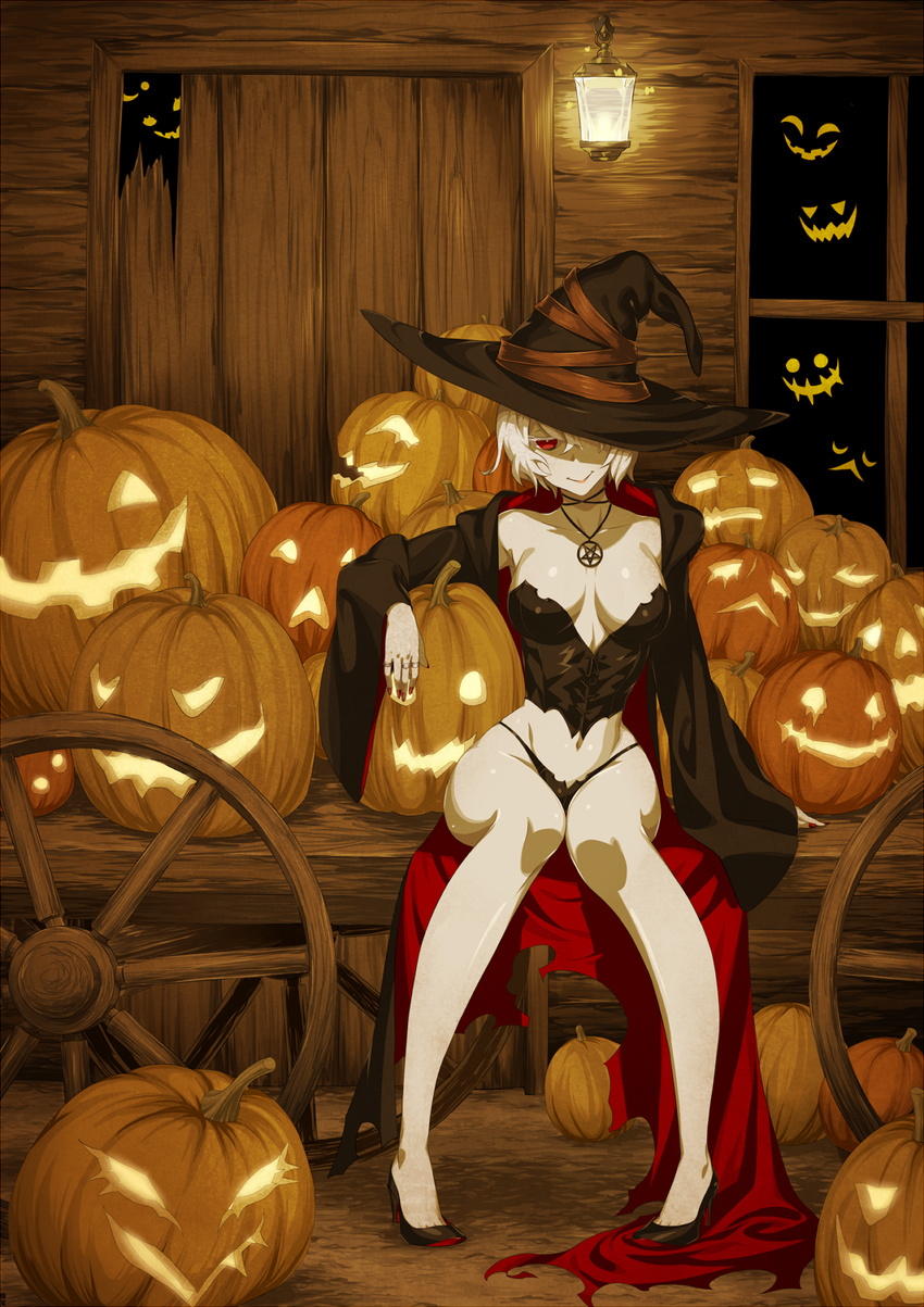 arizuka_(catacombe) bare_legs black_panties breasts bright_pupils bustier cloak closed_mouth colored_eyelashes fingernails full_body hair_between_eyes hat high_heels highleg highleg_panties highres hood hood_down hooded_cloak hoodie indoors jack-o'-lantern jewelry knees_together_feet_apart large_breasts long_fingernails long_sleeves midriff nail_polish narrow_waist navel necklace off_shoulder original pale_skin panties pentacle red_eyes ring short_hair sitting smile solo string_panties underwear white_pupils wide_sleeves witch_hat